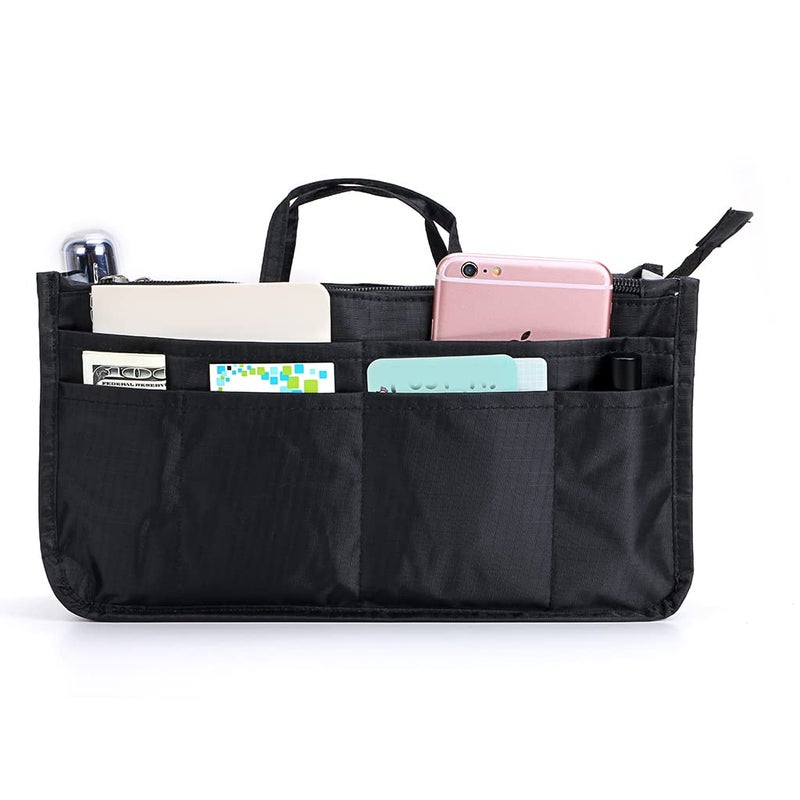 BTSKY Printing Handbag Organizers Inside Purse Insert - High Capacity 13 Pockets Bag Tote Organizer with Handle (Black) - Image 2